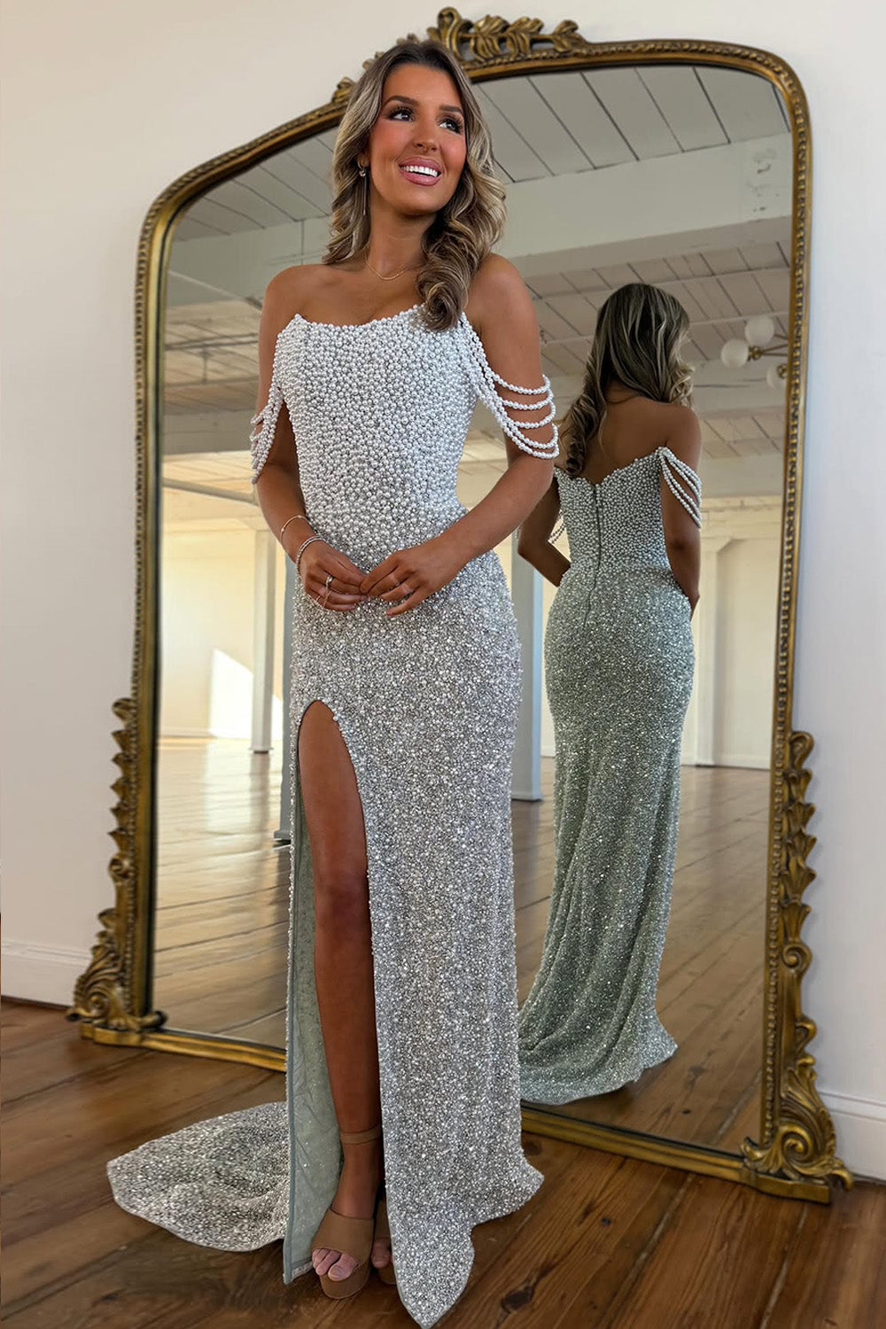Luxury Silver Pearl Embellished Off Shoulder Mermaid Prom Gown with Train