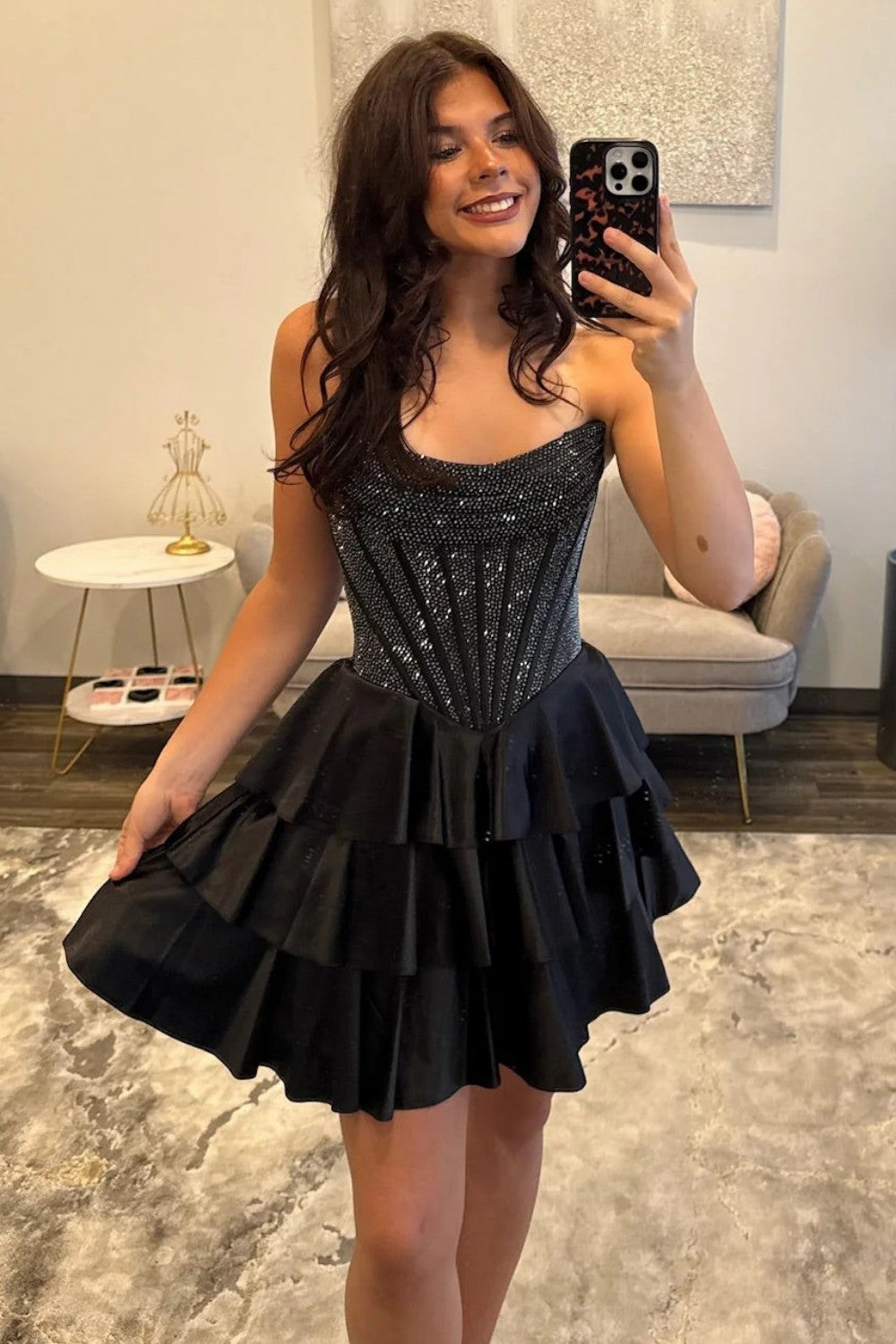 Luxury A-Line Homecoming Dress with Beaded Corset and Layered Mini Skirt