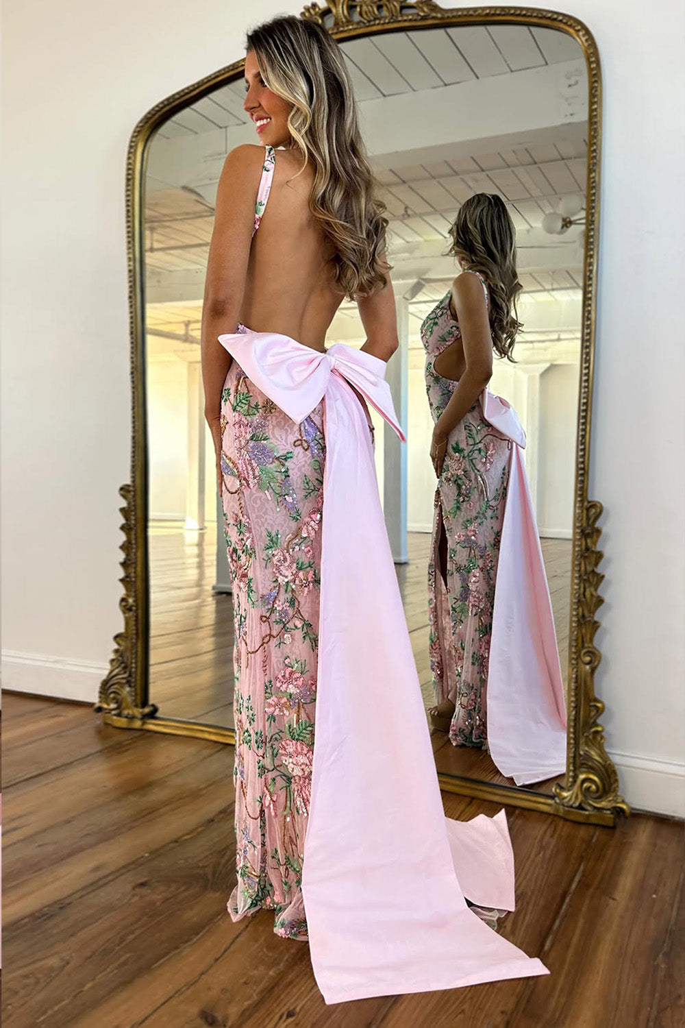 Luxury Blush Floral Sequin Evening Dress with High Slit and Big Bow Back