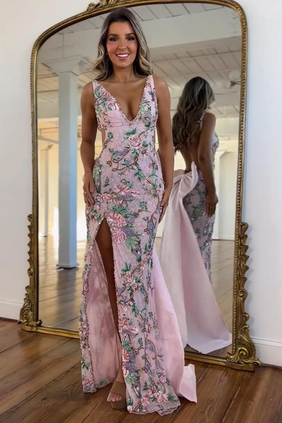 Luxury Blush Floral Sequin Evening Dress with High Slit and Big Bow Back
