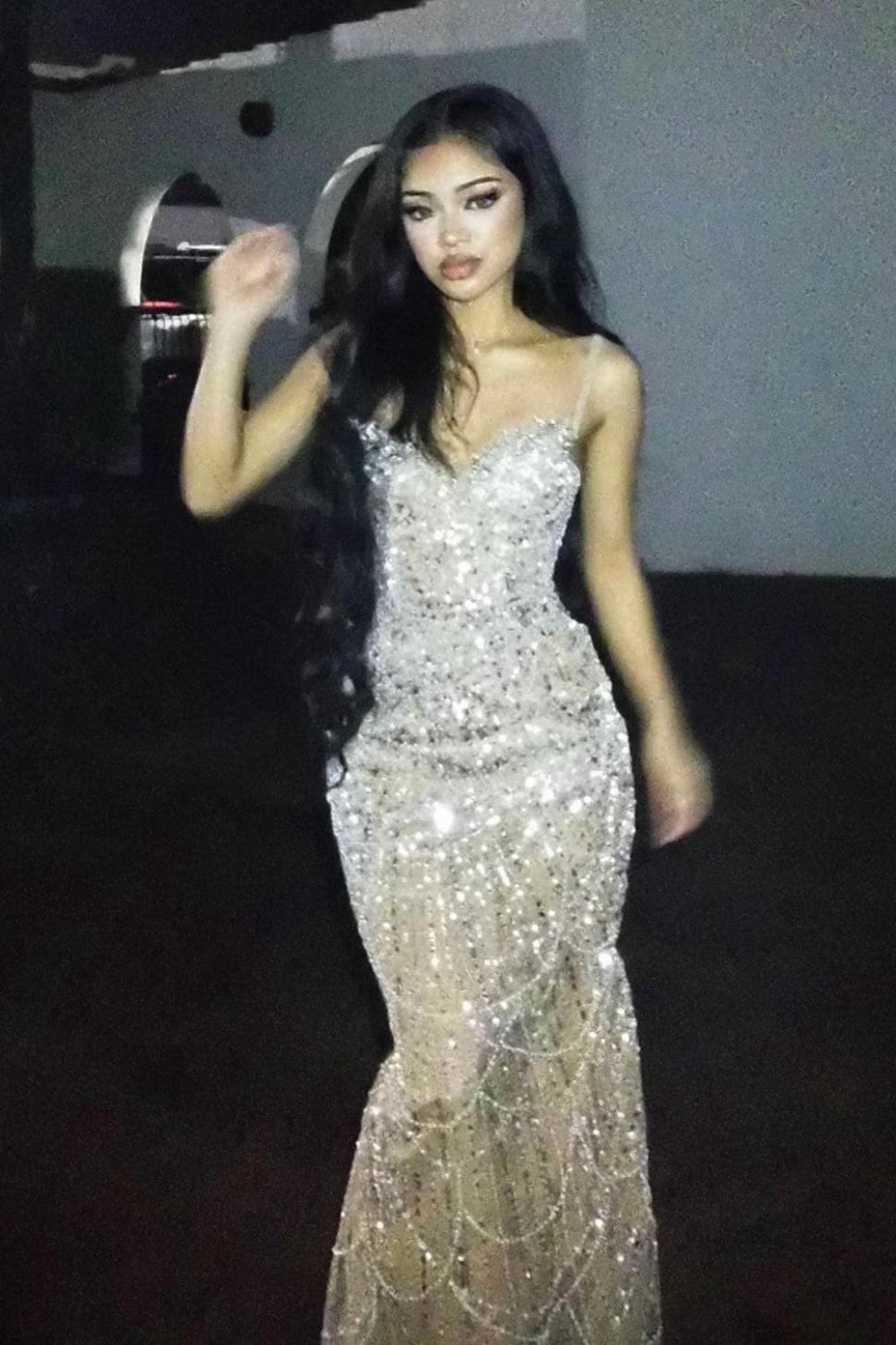 Luxury Champagne Crystal Beaded Mermaid Prom Dress with Spaghetti Straps