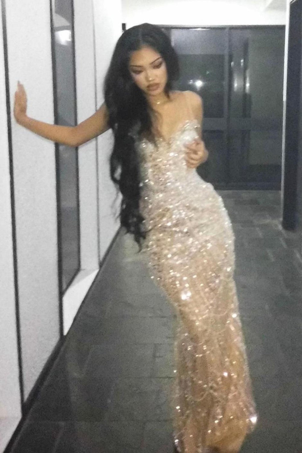 Luxury Champagne Crystal Beaded Mermaid Prom Dress with Spaghetti Straps