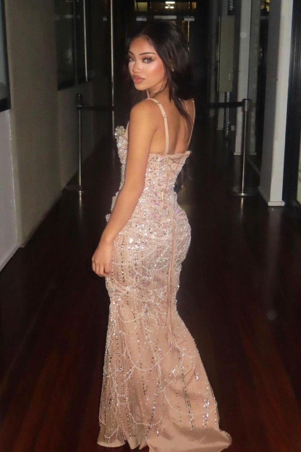 Luxury Champagne Crystal Beaded Mermaid Prom Dress with Spaghetti Straps