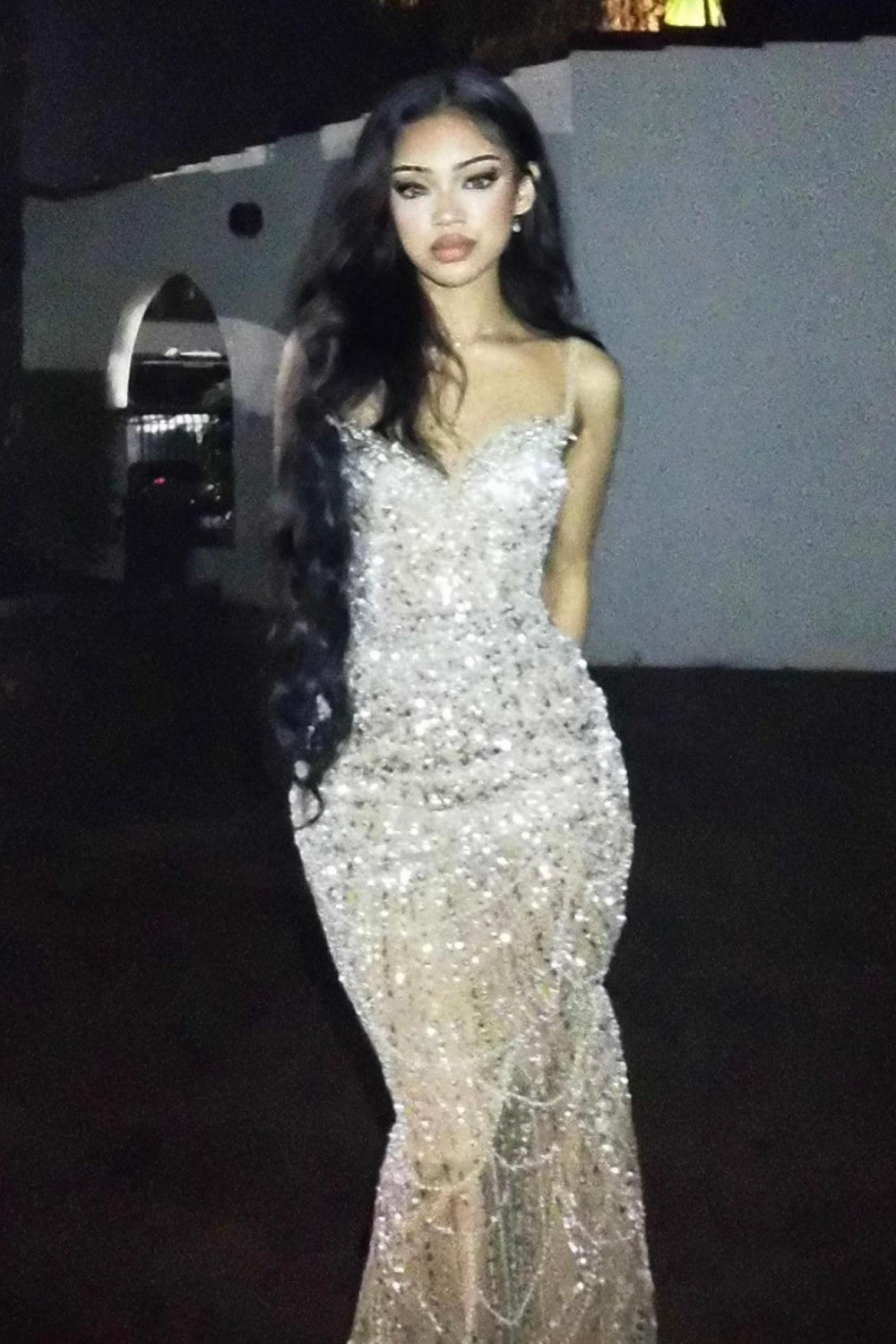 Luxury Champagne Crystal Beaded Mermaid Prom Dress with Spaghetti Straps