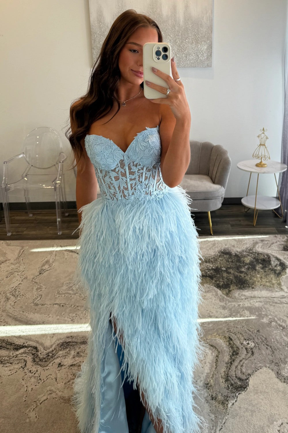 Luxury Light Blue Sweetheart Lace Up Feather Skirt Lace Bodice Prom Gown
