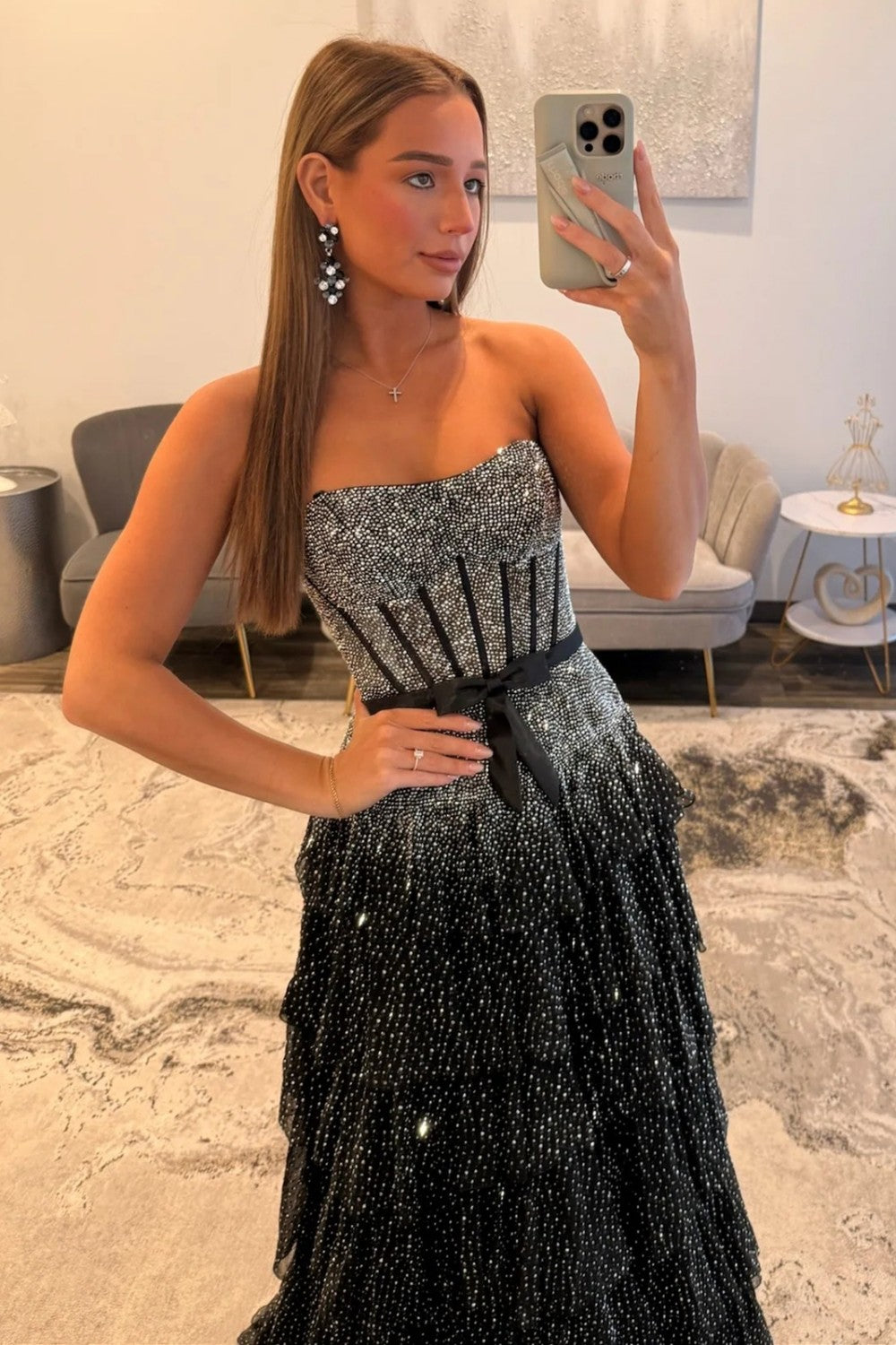 Luxury Strapless Black Beaded Prom Dress with Corset Bodice and Bow Waist