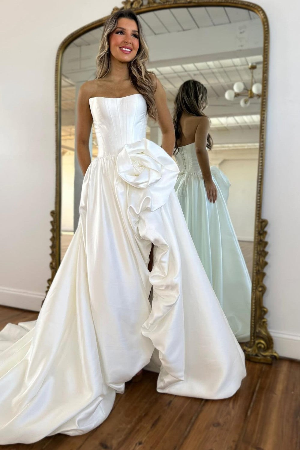 Luxury Strapless Corset Prom Gown with High Slit Skirt and Rosette Accent