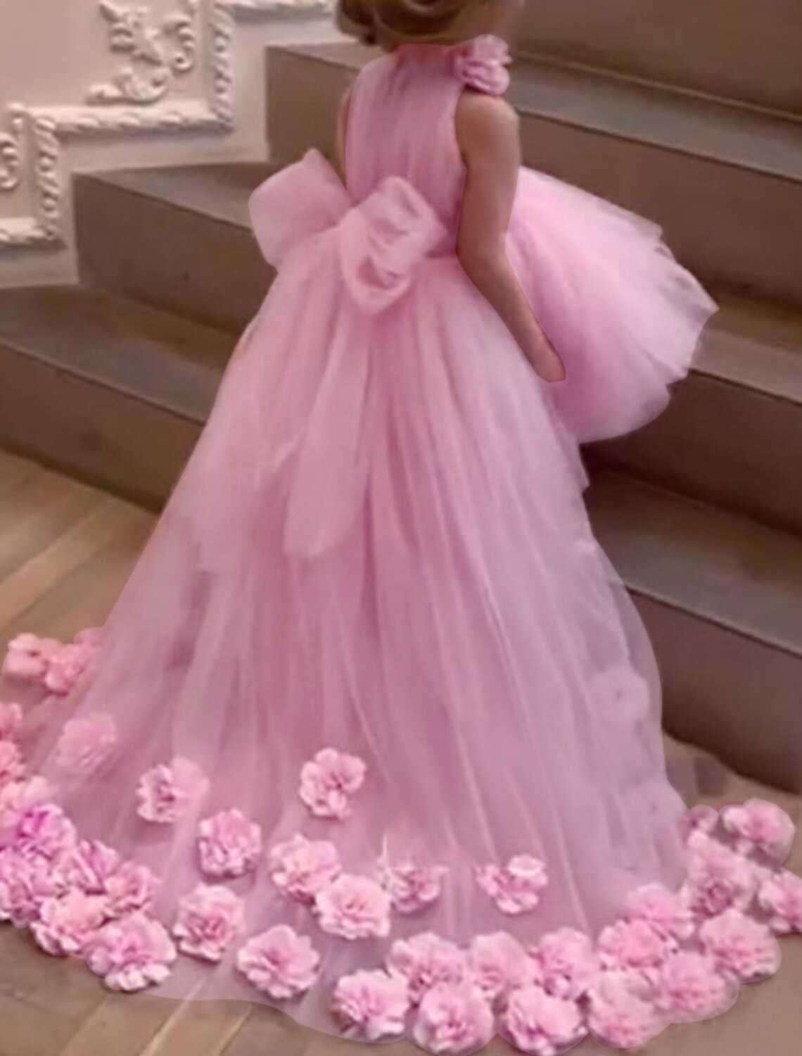 A-Line/Princess Tulle Floral Flower Girl Dresses with Bowknot Pink
