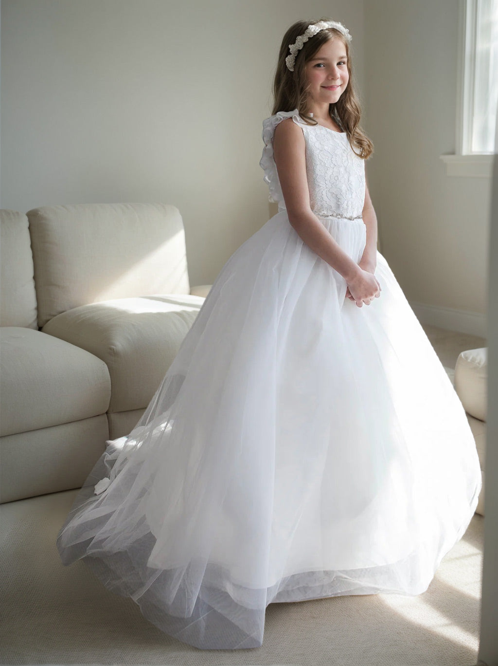 A-Line/Princess Tulle Floral Flower Girl Dresses with Beading White