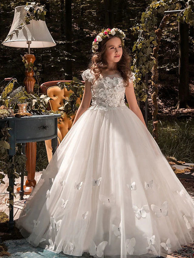 A-Line/Princess Tulle Flower Girl Dresses with Beading & Applique White