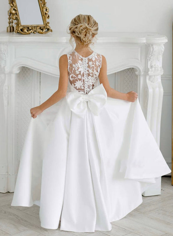 A-Line/Princess Satin Flower Girl Dresses with Applique & Bowknot White