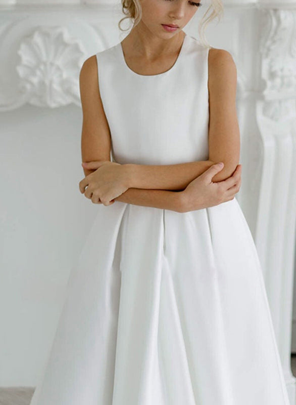A-Line/Princess Satin Flower Girl Dresses with Applique & Bowknot Blush