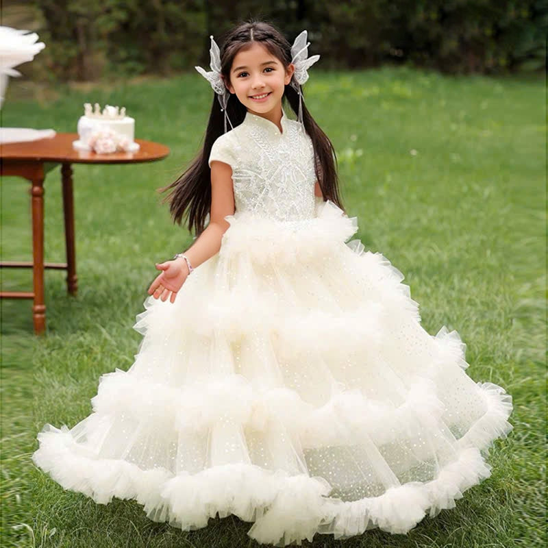 High Neck Ball Gown Short Sleeves Ruffles Girl Party Dress with  Rhinestones White
