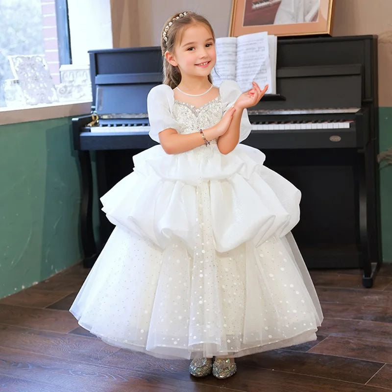 Round Neck Rushed Floor-Length Flower Girl Dresses with  Appliques White