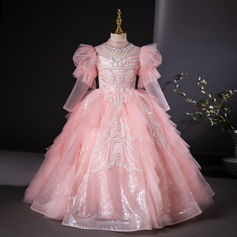 High Neck Long Sleeves Ball Gown Flower Girl Party Dresses with Rhinestone Appliques Pink
