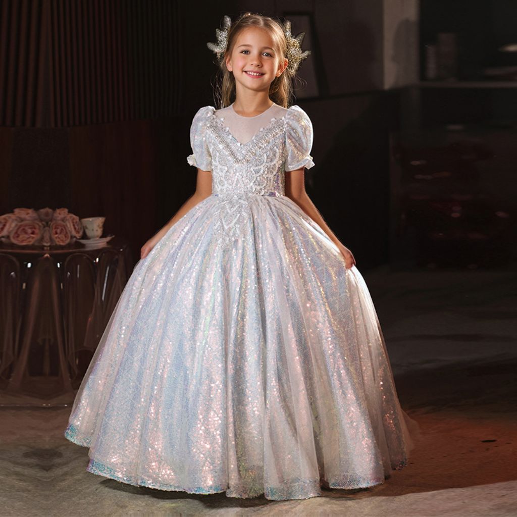 A-Line/Princess Short  Sleeves Shining Flower Girl Party Dress with Rhinestone Appliques As Pic