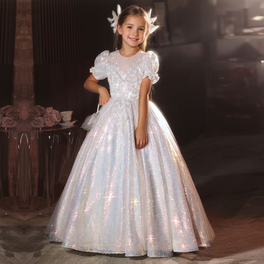 A-Line/Princess Short  Sleeves Shining Flower Girl Party Dress with Rhinestone Appliques