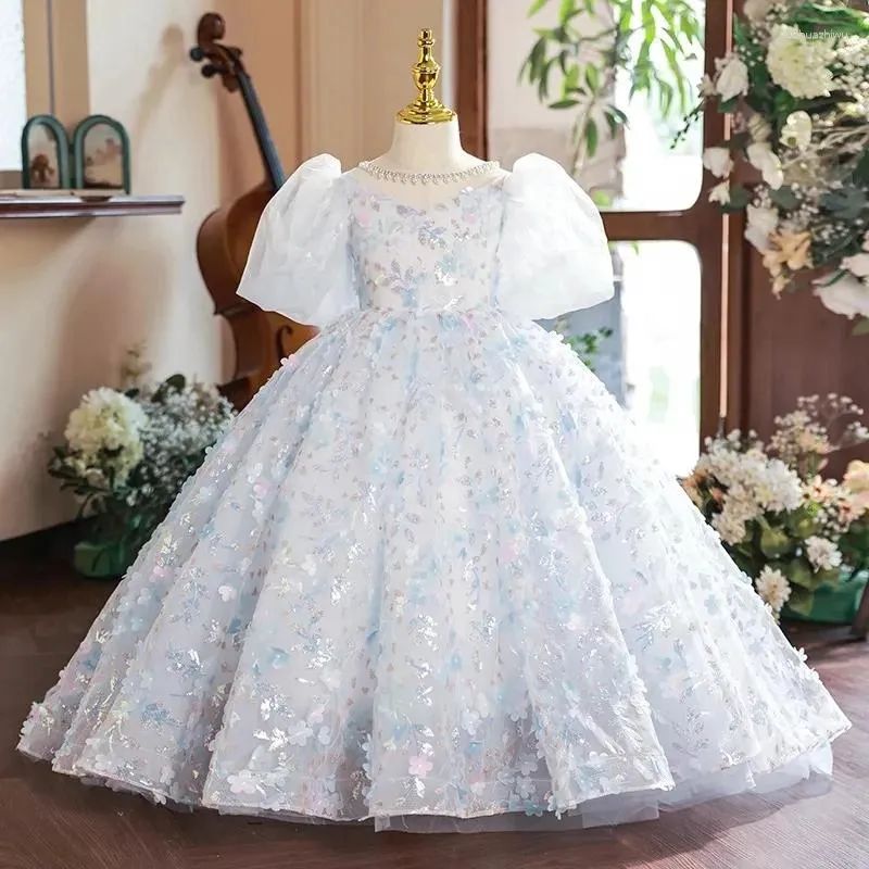 Princess Short Sleeves Ball Gown Girl Party Dress with Crystal Flower Appliques Light Blue