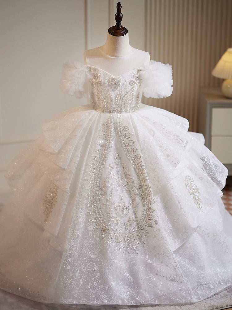Ball Gown Off-the-Shoulder Lace Flower Girl Party Dresses with Rhinestone Appliques White