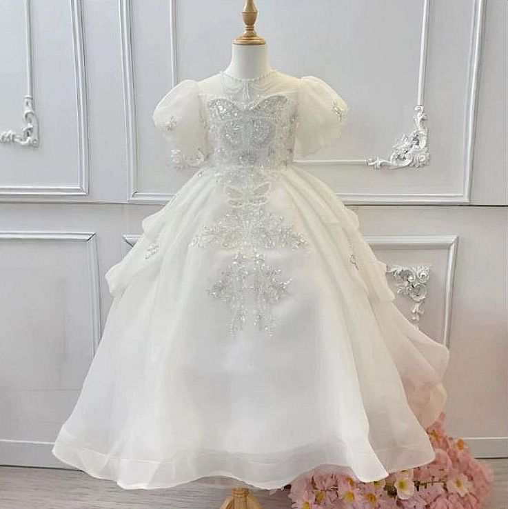 Short Sleeves A-Line/Princess Flower Girl Party Dress with Rhinestone Appliques White