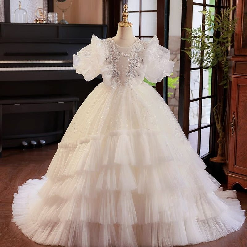 Ball Gown Ruffled Tulle Layered Flower Girl Party Dress with Rhinestone Appliques White