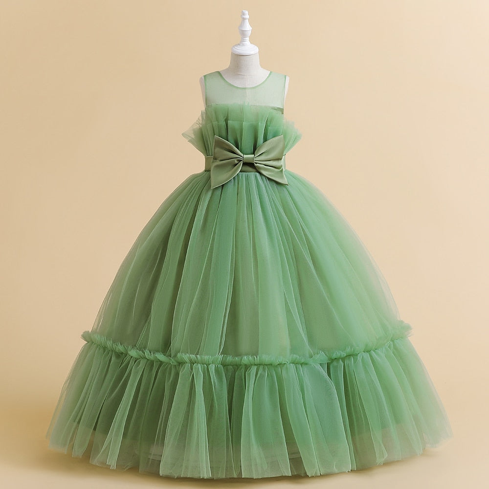 A-Line/Princess Sleeveless Floor Length Flower Girl Party Dresses with Bow Green