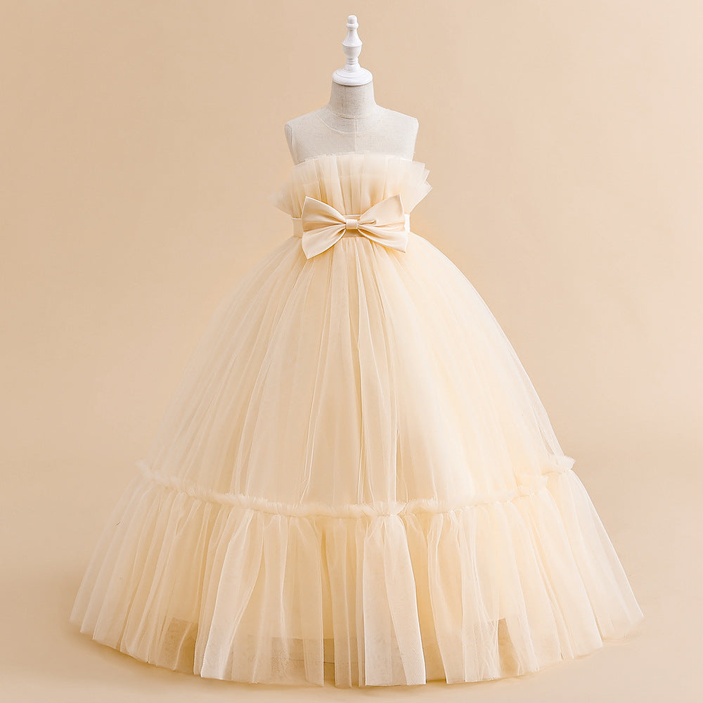 A-Line/Princess Sleeveless Floor Length Flower Girl Party Dresses with Bow Champagne