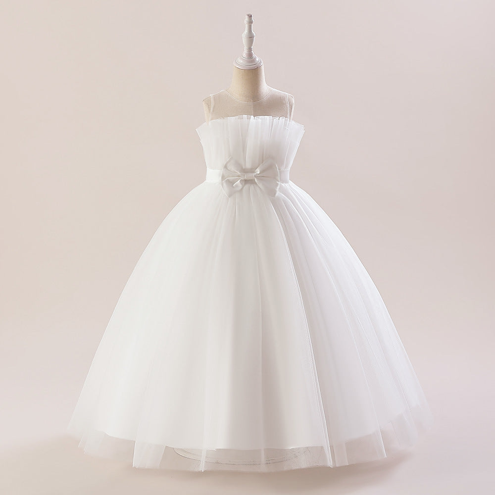 A-Line/Princess Sleeveless Floor Length Flower Girl Party Dresses with Bow White
