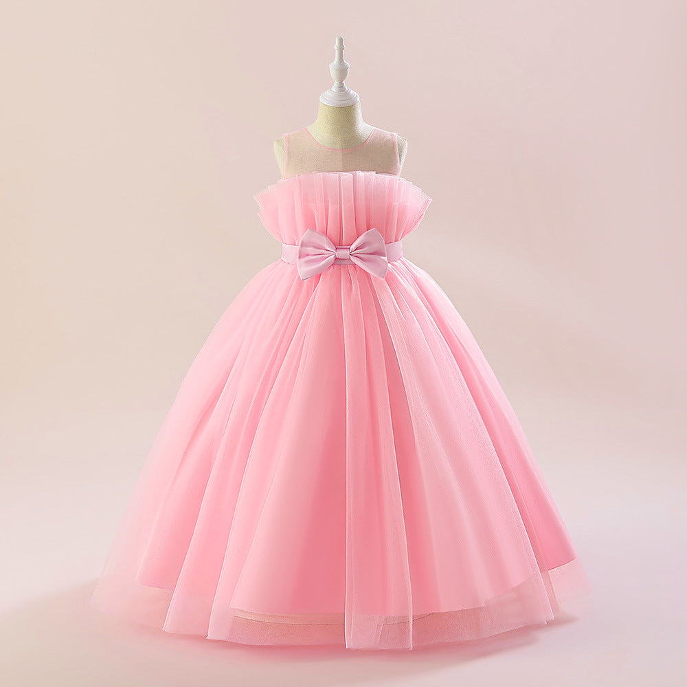 A-Line/Princess Sleeveless Floor Length Flower Girl Party Dresses with Bow Pink