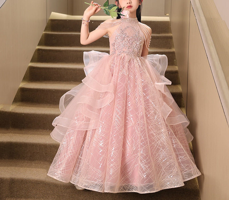 Ball Gown Halter Floor Length Girl Party Dresses with Beading Flower Appliques Pink