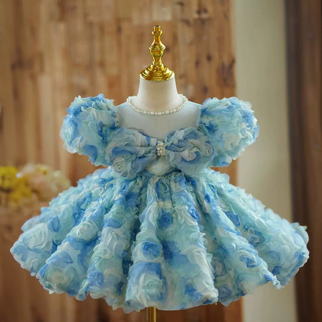 Beaded Round Neck Short Sleeves Knee-Length Baby Girl Dress with Ruched Flowers Blue