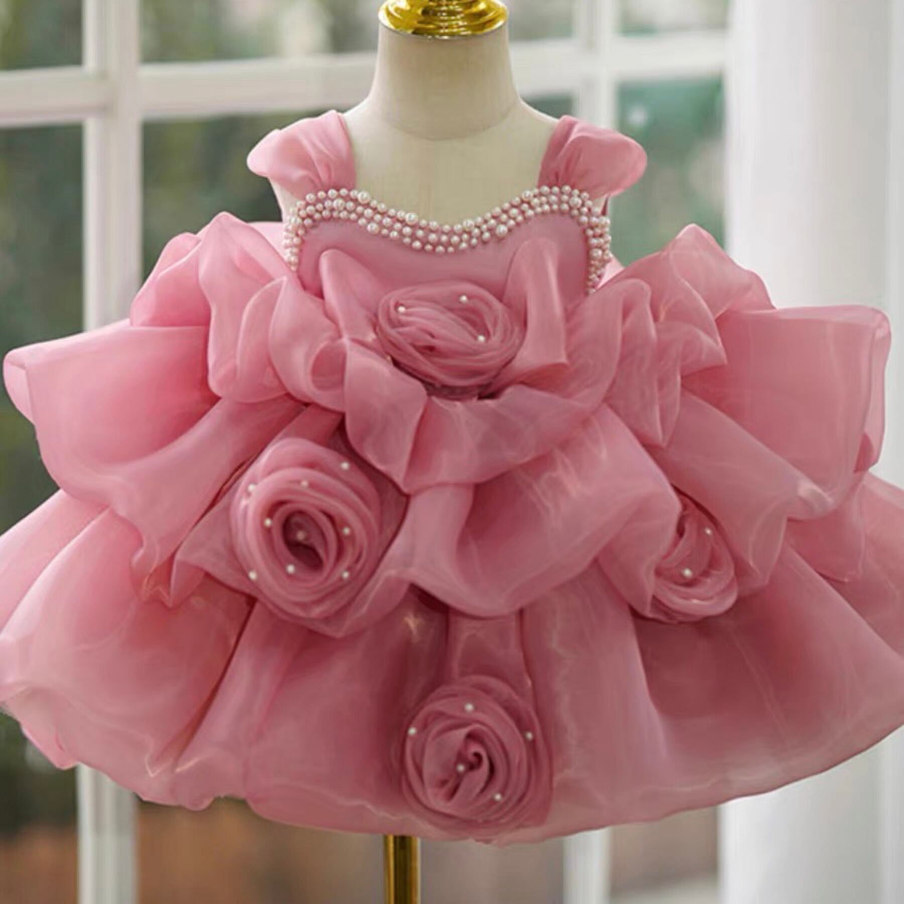 Ball Gown Sleeveless Knee-Length Baby Girl Party Dress with Ruched Flowers Dusty Pink