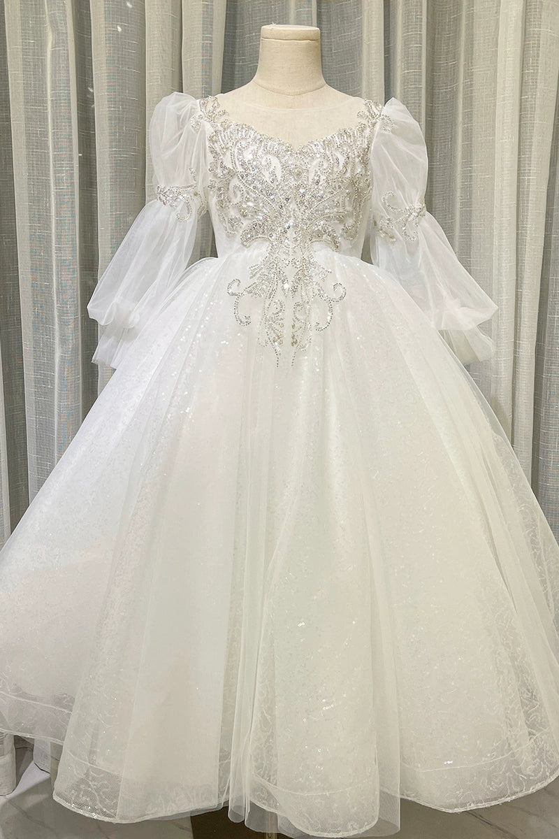 Ball Gown Round Neck Long Sleeves Flower Girl Lace Dress with Crystal Appliques White