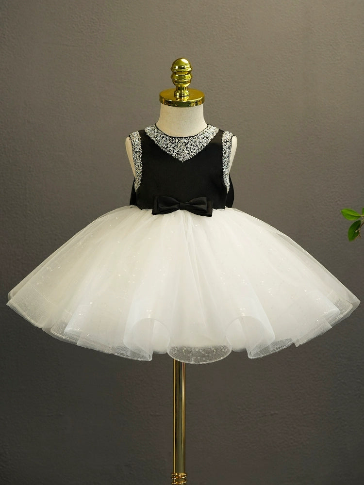Ball Gown Sleeveless Knee-Length Baby Girl Party Dress with Bow & Rhinestones Black