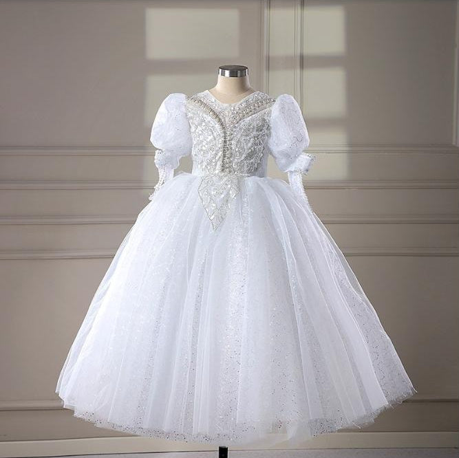Ball Gown Long Sleeves Floor Length Flower Girl Party Dress with Rhinestone Appliques White