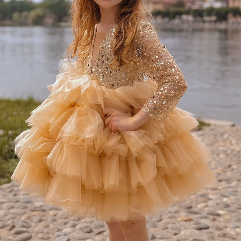 Ball Gown Square Neck Long Sleeves Sparkling Sequins Flower Girl Dress with Ruffles & Bow Khaki