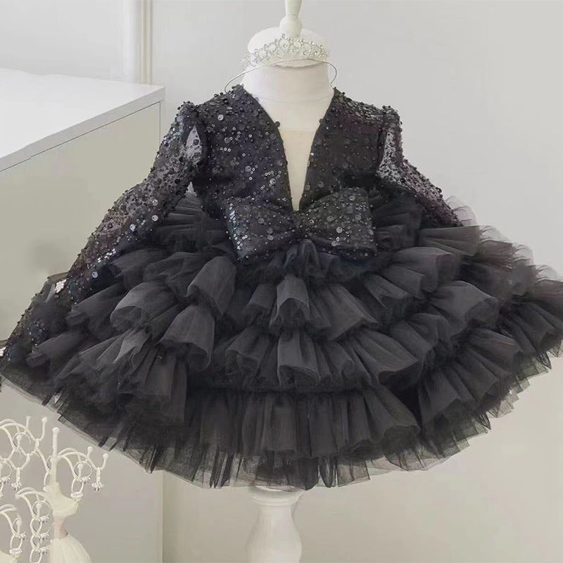 Ball Gown Square Neck Long Sleeves Sparkling Sequins Flower Girl Dress with Ruffles & Bow Black