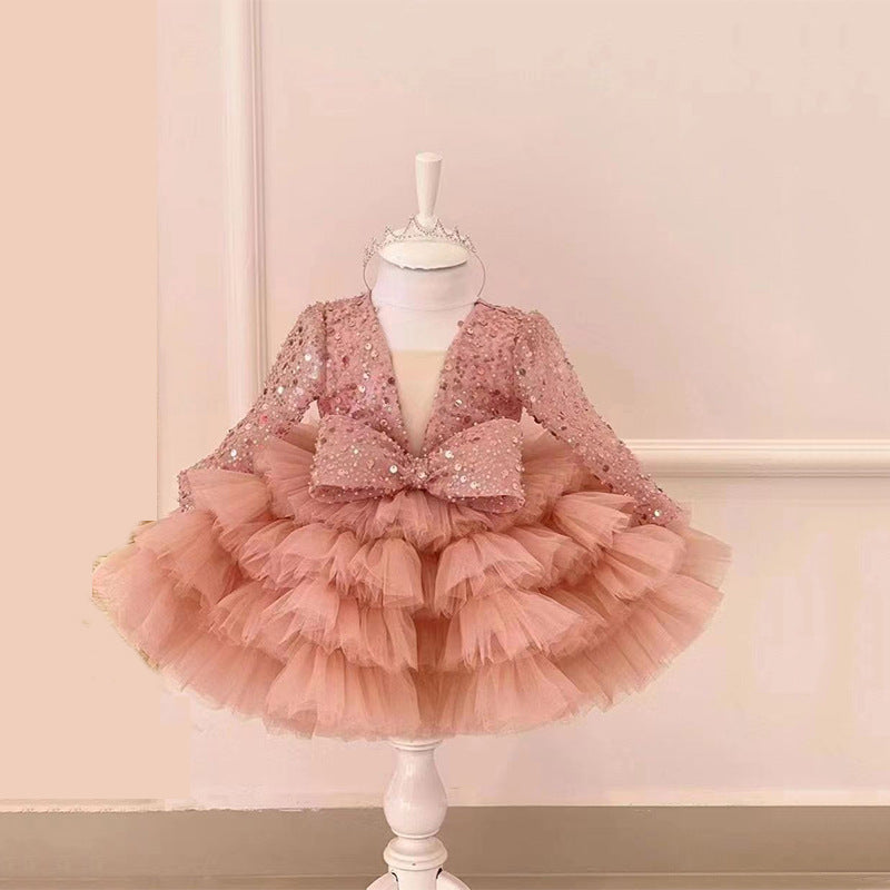 Ball Gown Square Neck Long Sleeves Sparkling Sequins Flower Girl Dress with Ruffles & Bow Pink