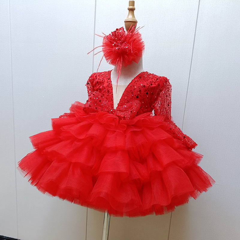 Ball Gown Square Neck Long Sleeves Sparkling Sequins Flower Girl Dress with Ruffles & Bow Red