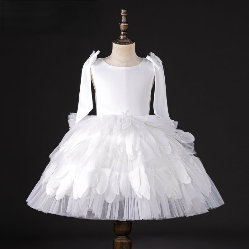 A-Line/Princess Round Neck Sleeveless Elegant White Flower Girl Dress with Feathers & Bow White