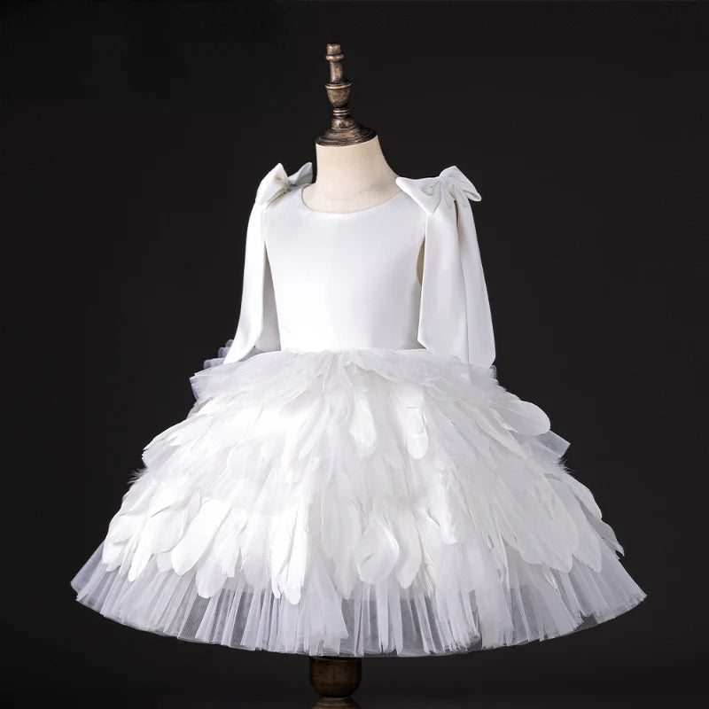 A-Line/Princess Round Neck Sleeveless Elegant White Flower Girl Dress with Feathers & Bow