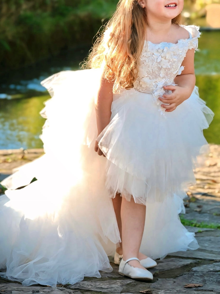 Ball Gown Off-the-Shoulder Sleeveless Flower Girl Dress With Lace Embroidery & Watteau Train White