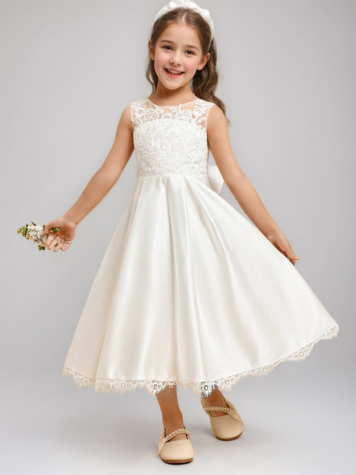 A-Line/Princess Scoop Sleeveless Tea-Length Pleated Flower Girl Dresses with Lace Appliques & Bow Ivory