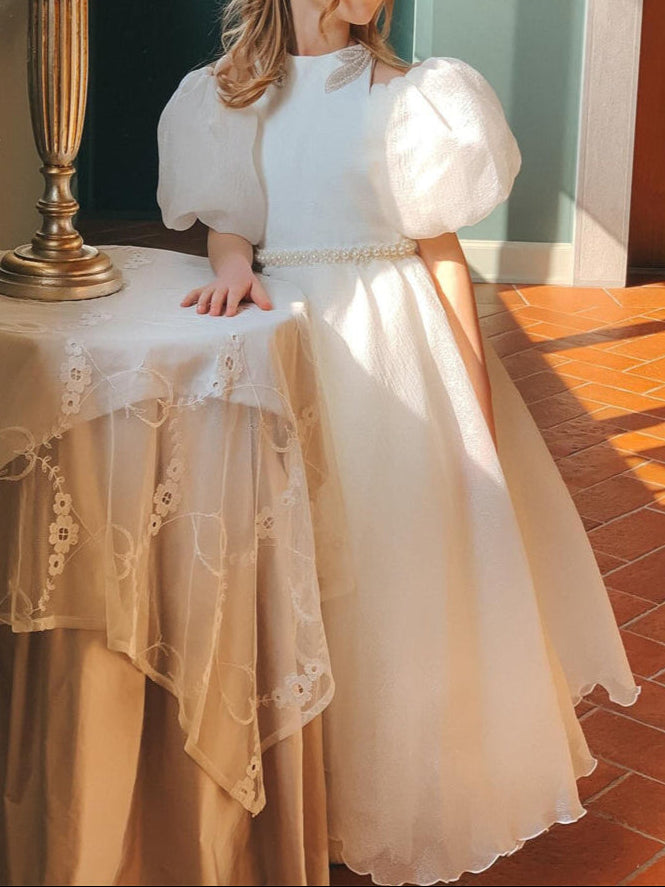 Ball-Gown Jewel Neck Puff Sleeves Floor-Length Pleated Flower Girl Dresses with Pearls White
