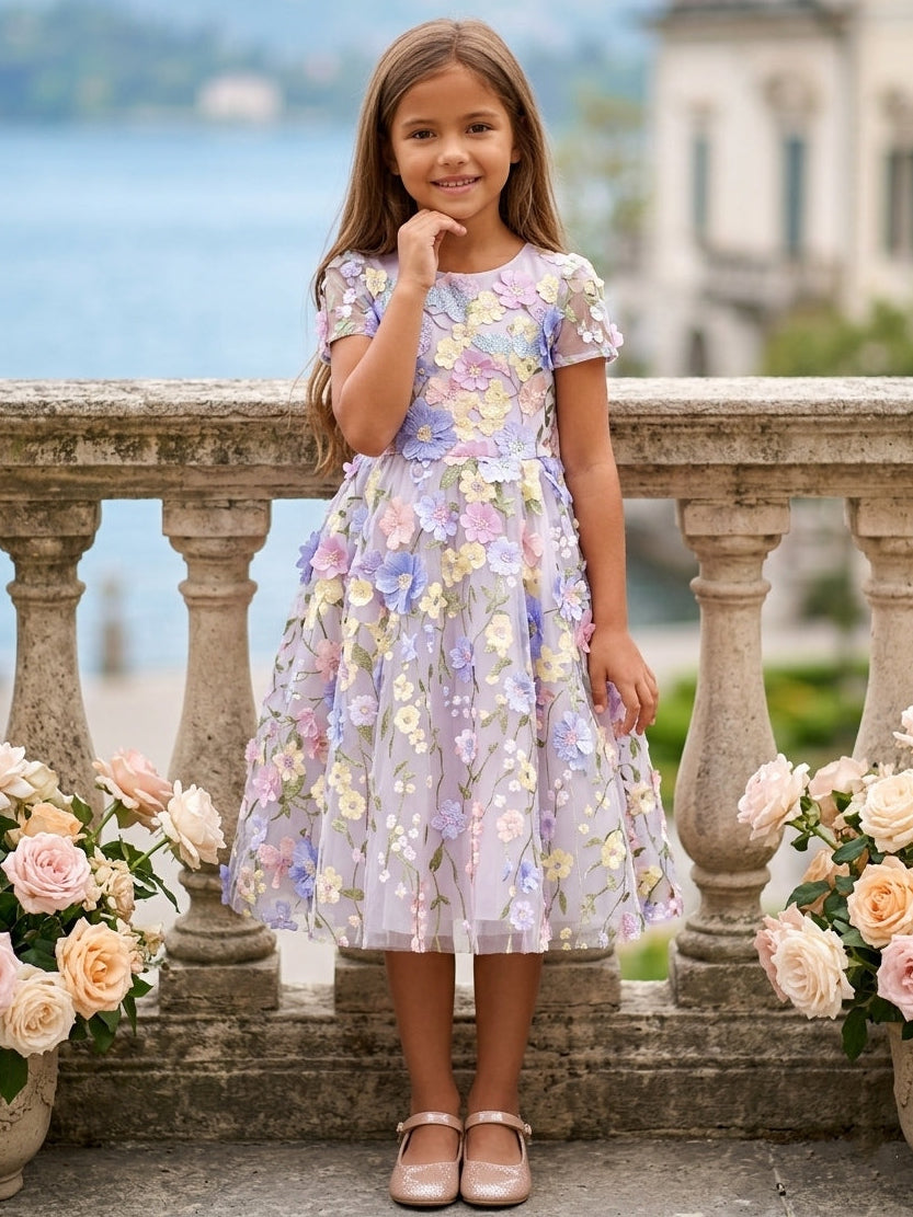 A-Line/Princess Scoop Short Sleeves Tea-Length Flower Girl Dresses Embroidery with 3D Flowers As Pic