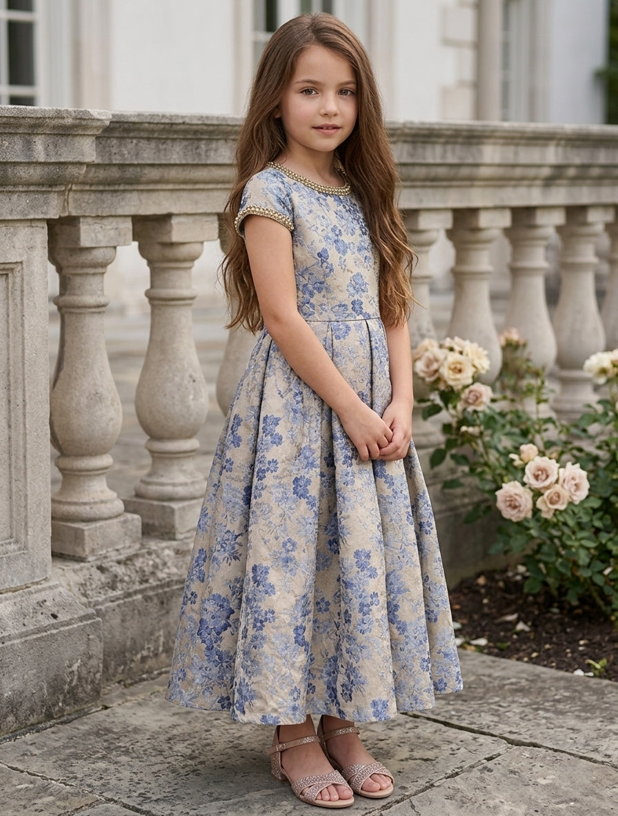 A-Line/Princess Scoop Short Sleeves Ankle-Length Flower Girl Dresses Jacquard Floral As Pic