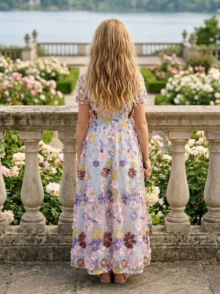 A-Line/Princess Scoop Short Sleeves Ankle-Length Flower Girl Dresses Embroidery with 3D Flowers