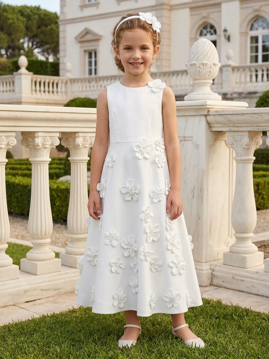 A-Line/Princess Scoop Sleeveless Ankle-Length Flower Girl Dresses Stretch Satin With 3D Flowers White