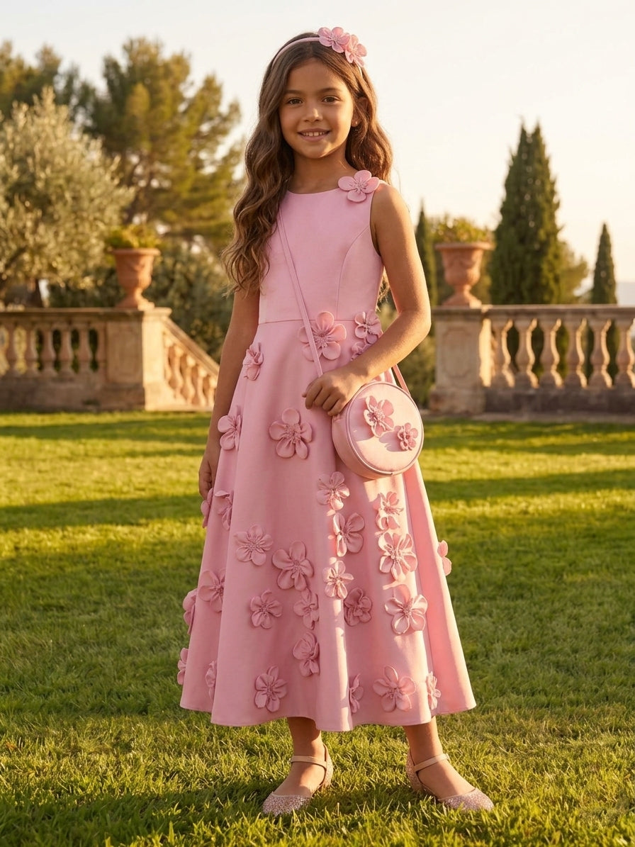 A-Line/Princess Scoop Sleeveless Ankle-Length Flower Girl Dresses Stretch Satin With 3D Flowers Pink