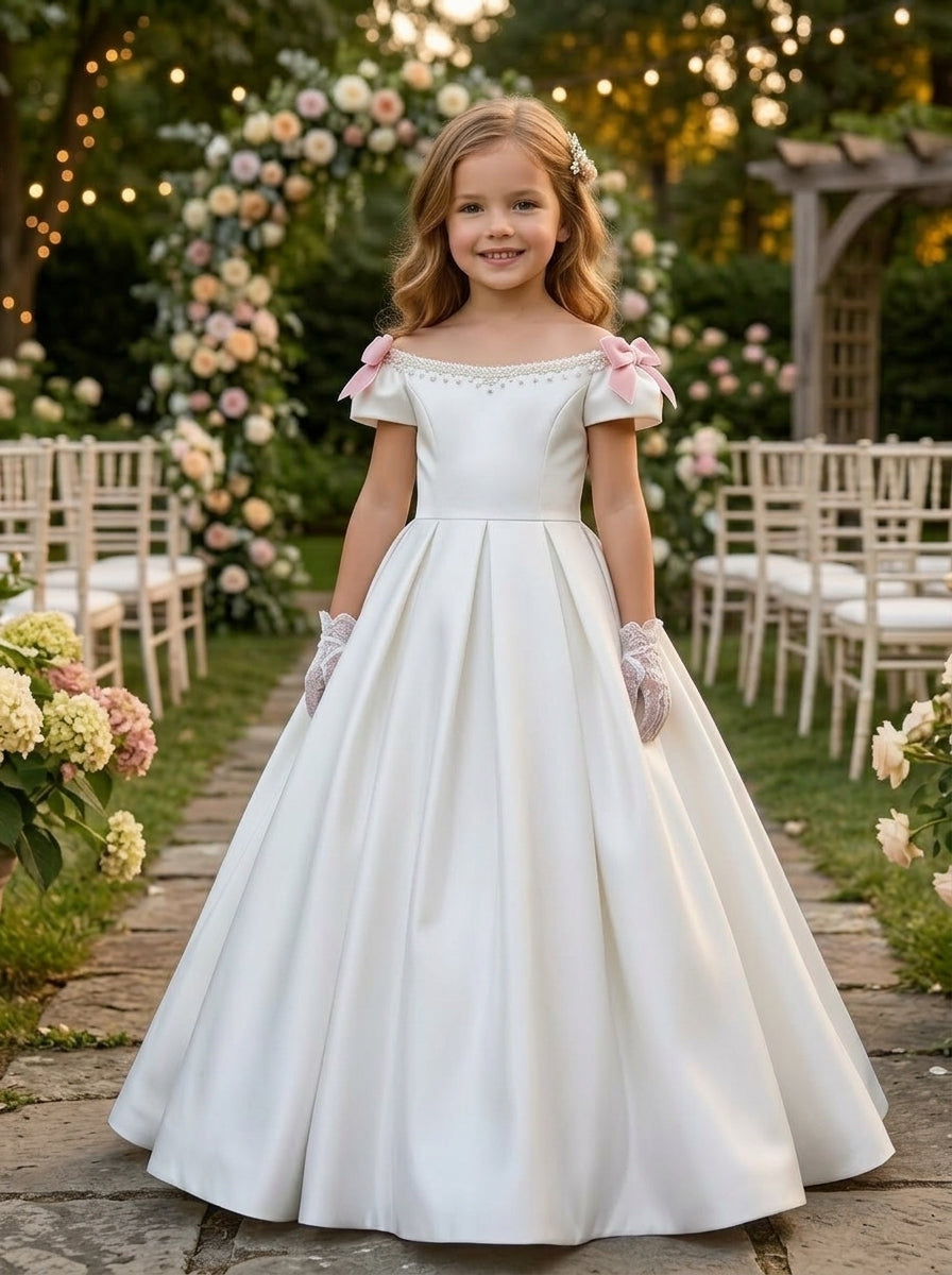A-Line/Princess Off-the-Shoulder Sleeveless Floor-Length Flower Girl Dresses Satin With Bowknots Ivory